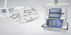medical pendant / ceiling-mounted / with shelves / articulated