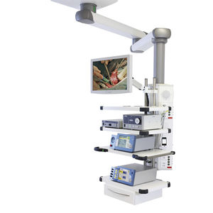 medical pendant / ceiling-mounted / with shelves / articulated