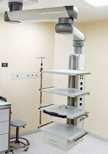 medical pendant / ceiling-mounted / with shelves / articulated