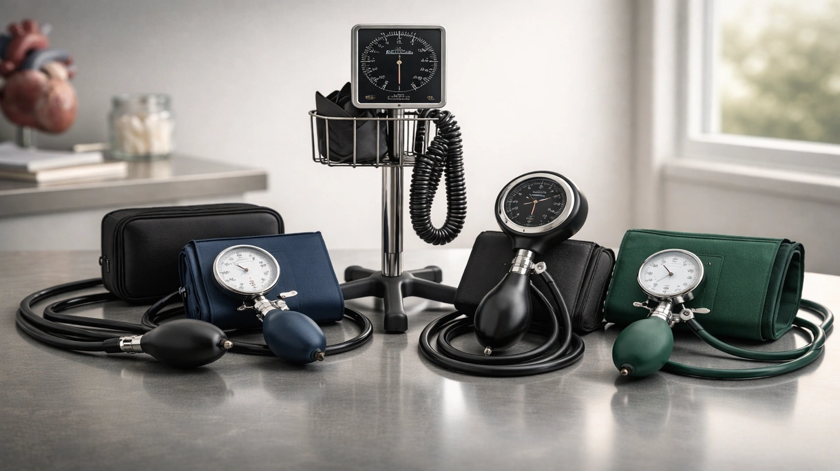Physician using a professional aneroid sphygmomanometer to measure patient blood pressure in a modern clinical examination room setting.