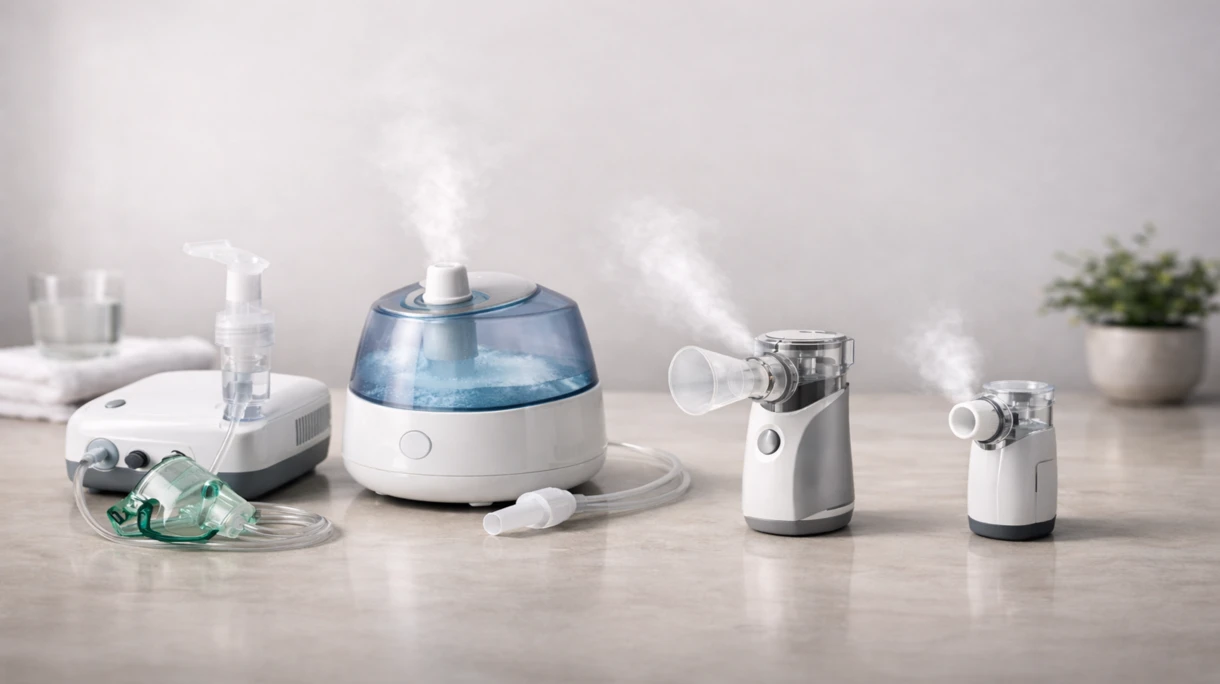 Clinical professional administering respiratory therapy to a patient using a medical-grade nebulizer in a hospital ward setting.
