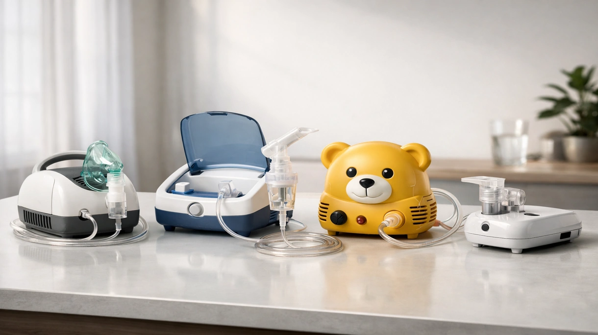 Medical professional administering respiratory therapy using a clinical compressor nebulizer in a hospital ward setting.