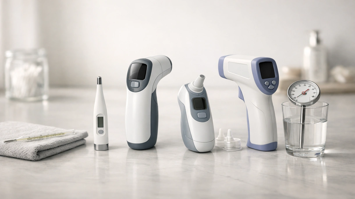 Clinical infrared thermometer used by a medical professional to monitor a patient in a sterile hospital ward environment.