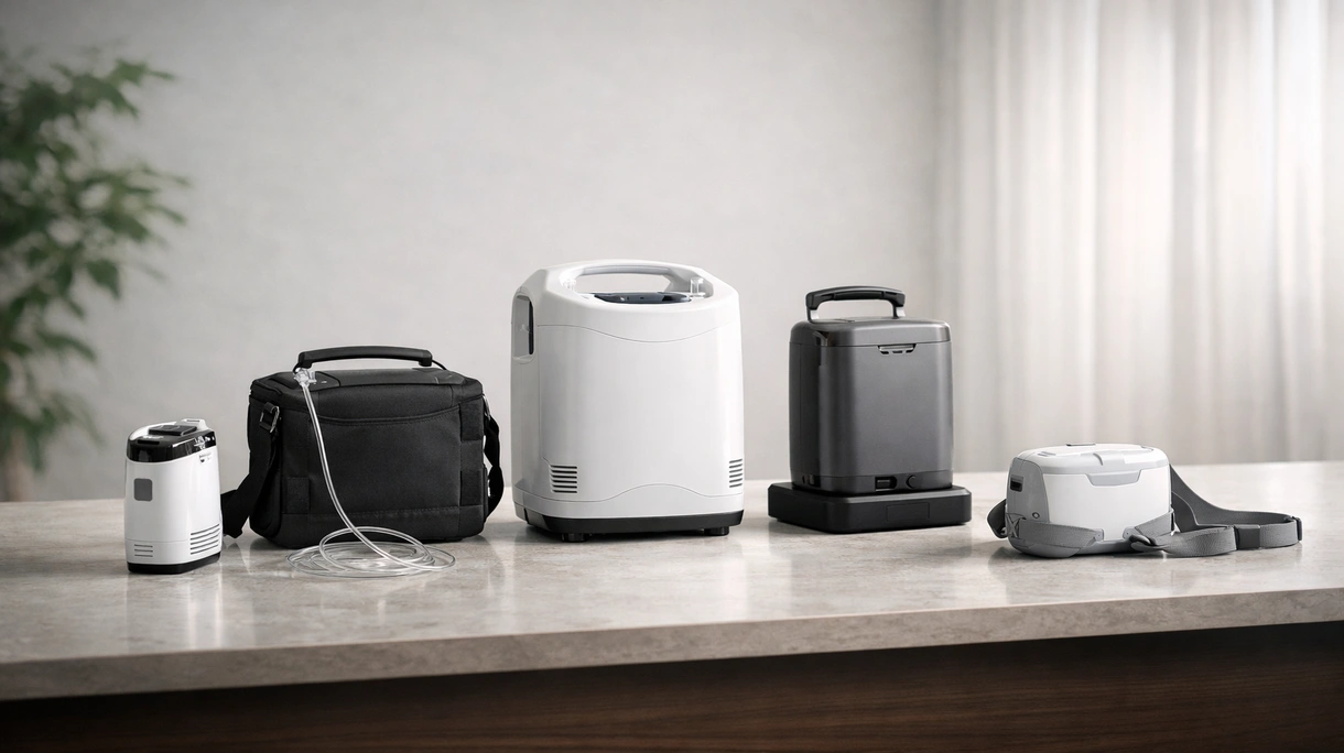 Clinical staff training an elderly patient on how to operate a lightweight portable oxygen concentrator in a hospital corridor.