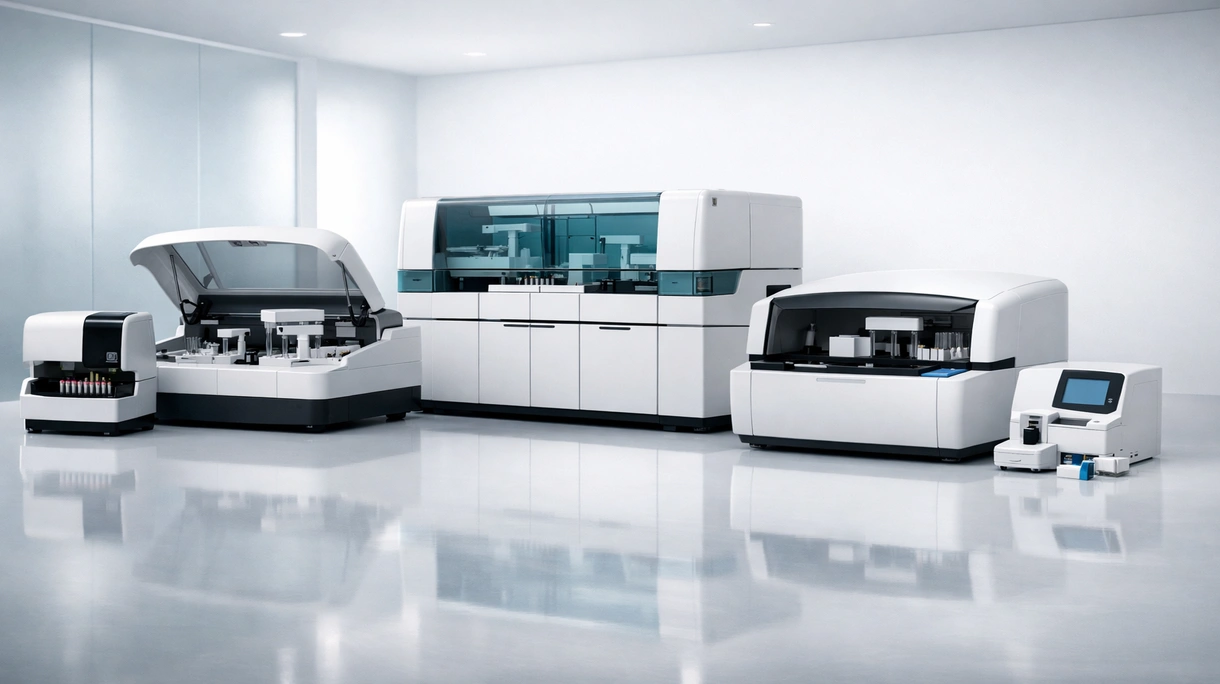Clinical laboratory technician loading patient samples into a high-throughput automated biochemistry analyzer in a modern hospital.