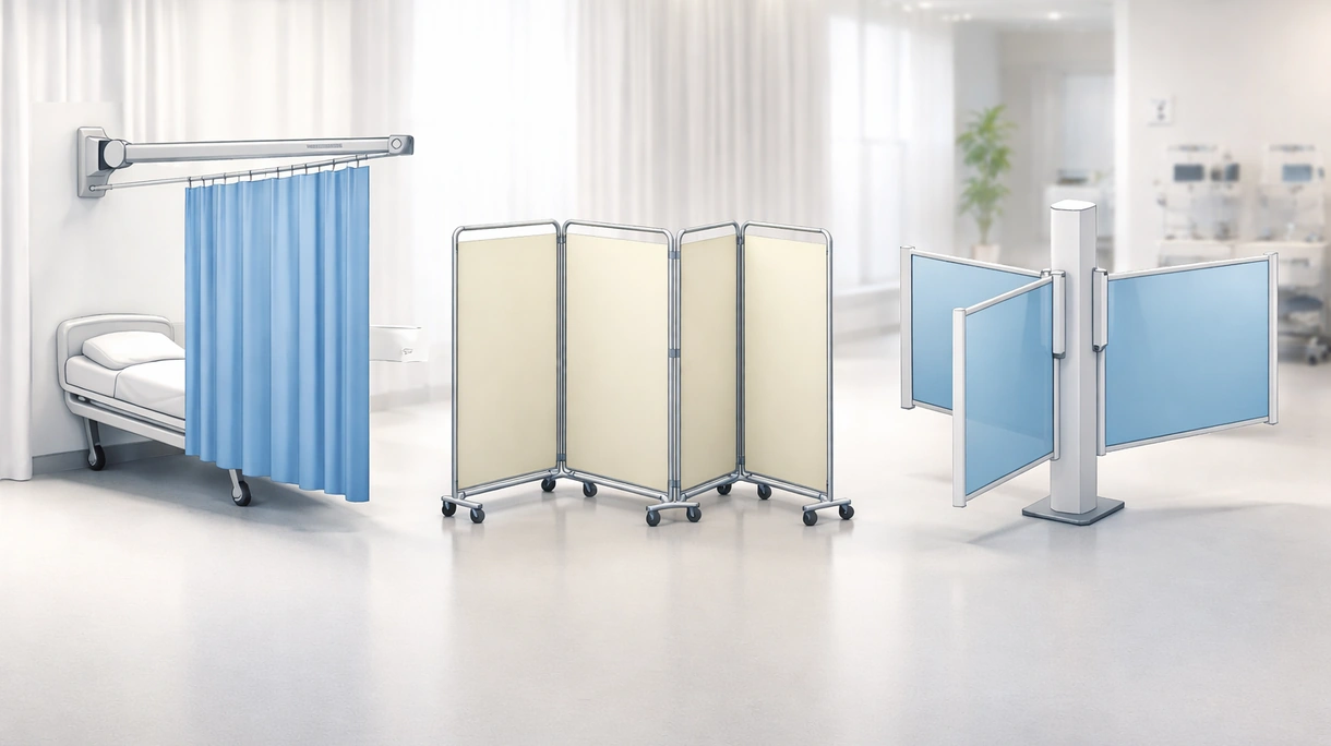 Professional medical staff adjusting a mobile folding screen in a brightly lit hospital ward to provide patient privacy.