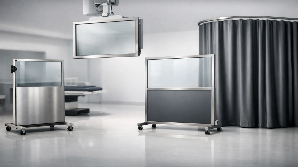 Mobile radiation shielding screen with lead glass window positioned next to a specialized imaging system in a surgery room.