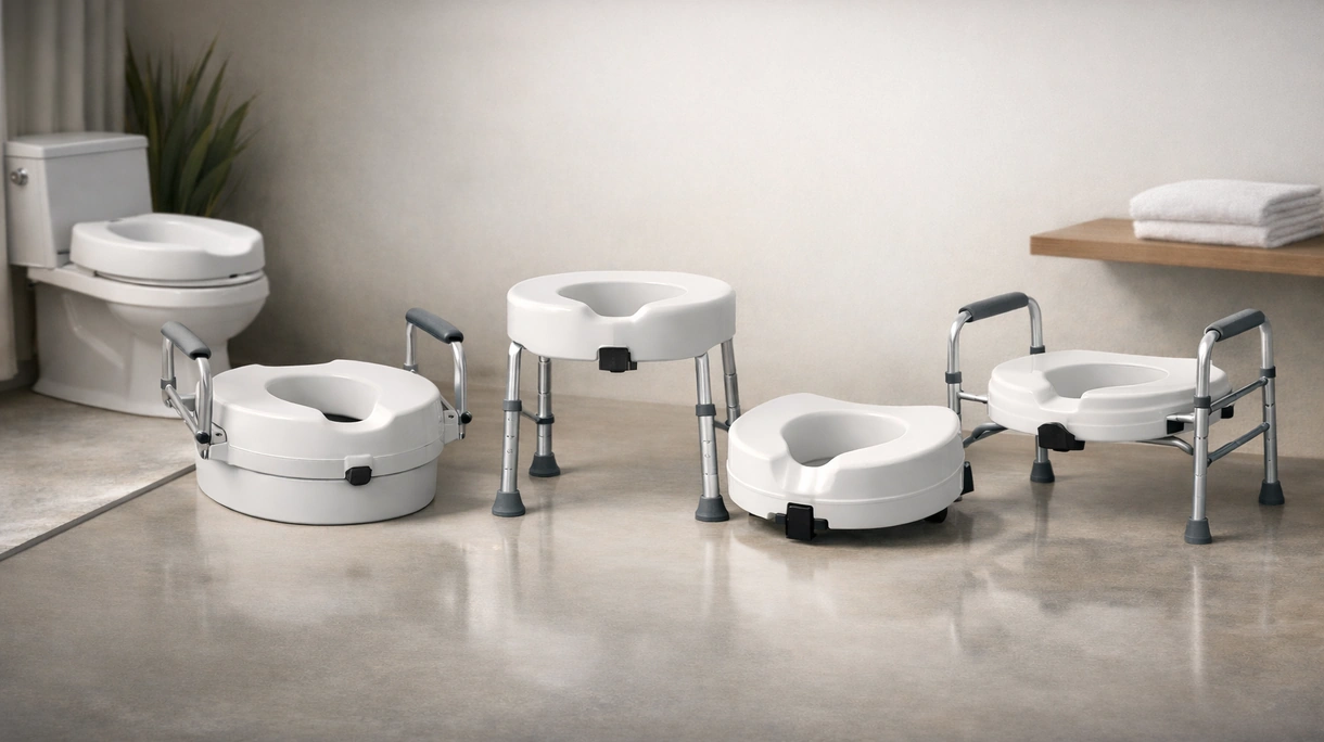 Professional orthopedic raised toilet seat installed on a clinical bathroom fixture with integrated safety side rails.