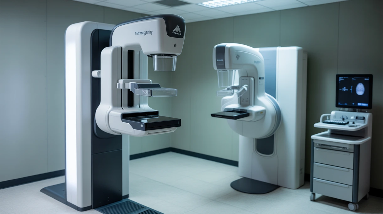 A clinical radiologist positioning a patient for a diagnostic breast examination using a modern digital mammography imaging system.