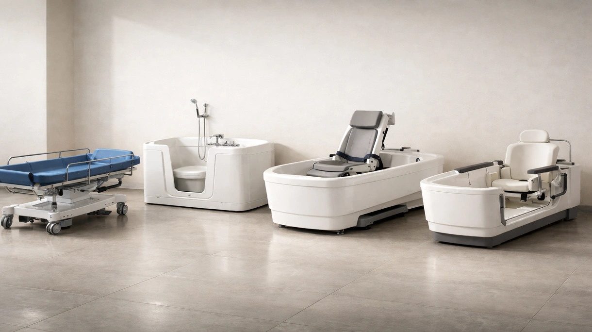 Caregiver assisting a patient in an adjustable medical bathtub within a modern clinical rehabilitation facility.