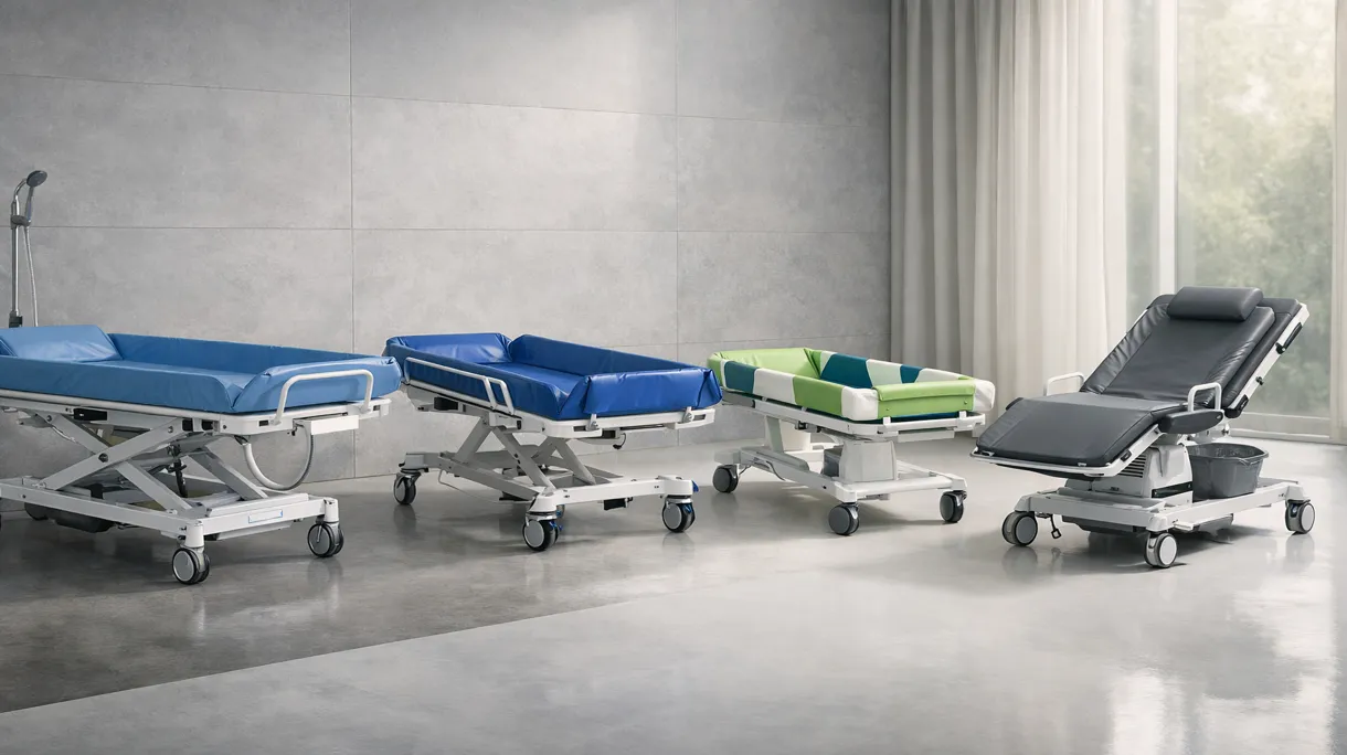 Medical professional using a height-adjustable shower trolley to safely transport a patient in a sterile hospital bathroom environment.