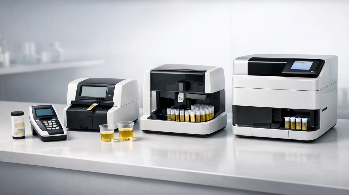 Clinical laboratory technician processing patient samples using an automated urine analyzer in a high-throughput medical facility.