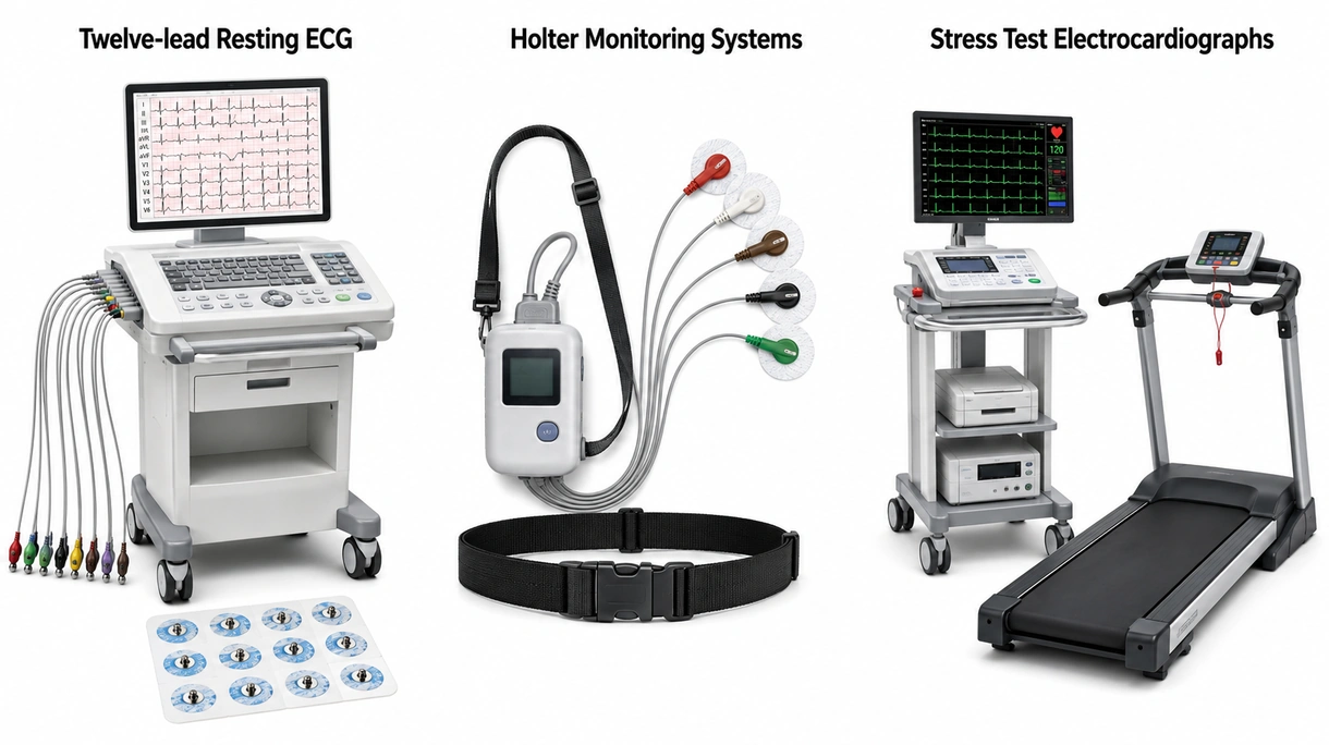 Technical view of a high-resolution electrocardiograph screen showing real-time cardiac waveforms and digital diagnostic measurement data.