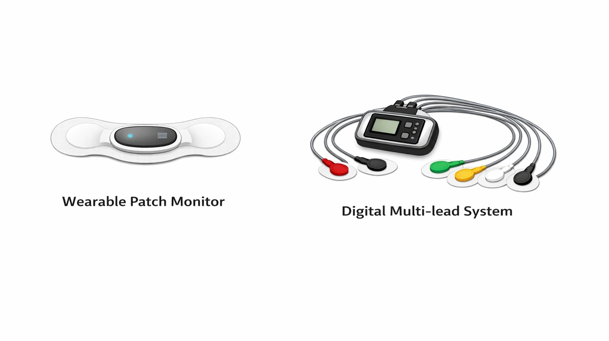 Technical close-up of a digital Holter monitor screen displaying high-resolution ECG waveforms and integrated lead connection ports.