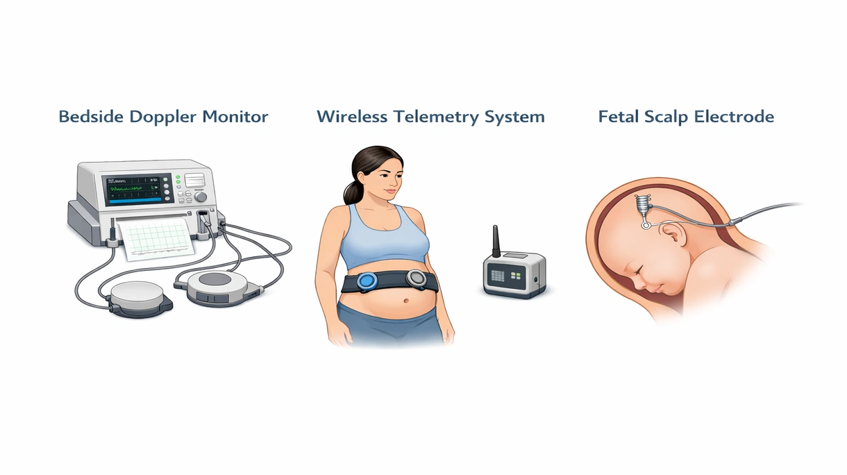 Close-up of a waterproof wireless fetal transducer showing the ergonomic grip and high-frequency ultrasound sensor surface for clinical use.