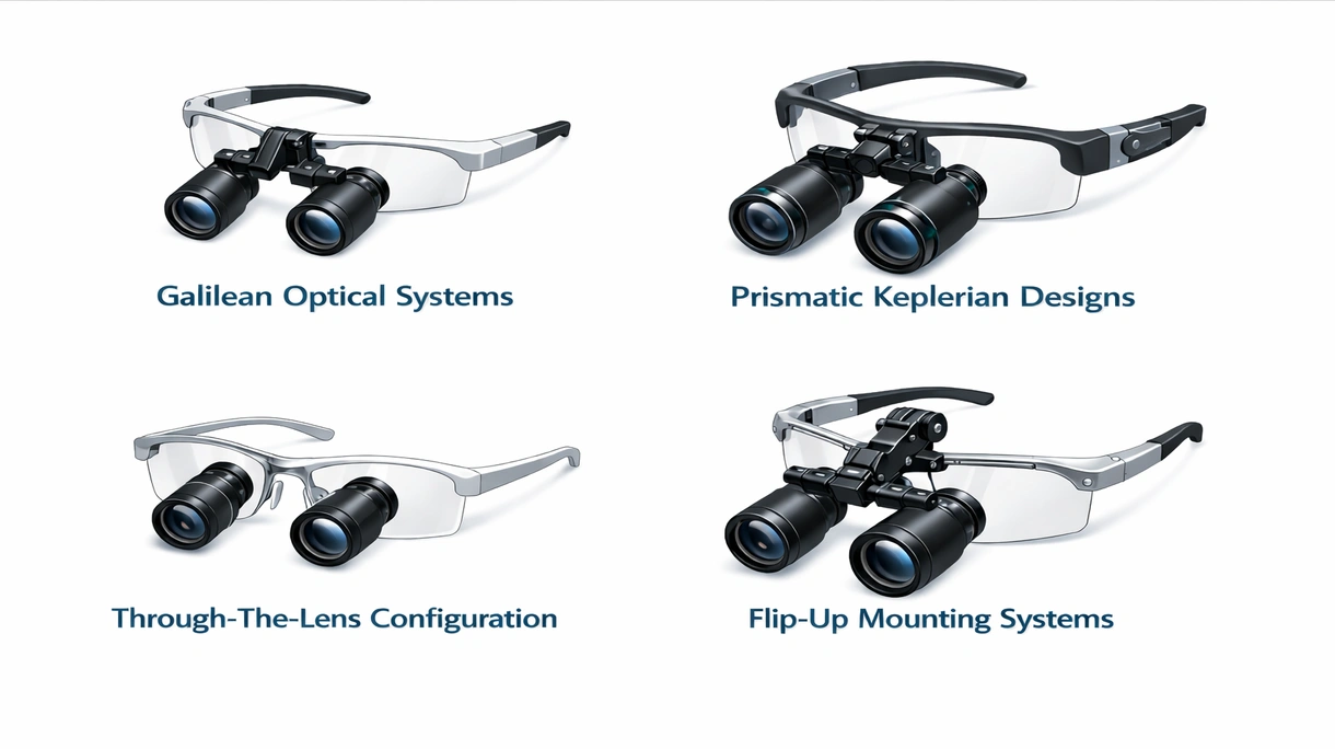 Close-up view of medical binocular loupe lenses showing high-definition prismatic glass and adjustable titanium frame components for clinical use.