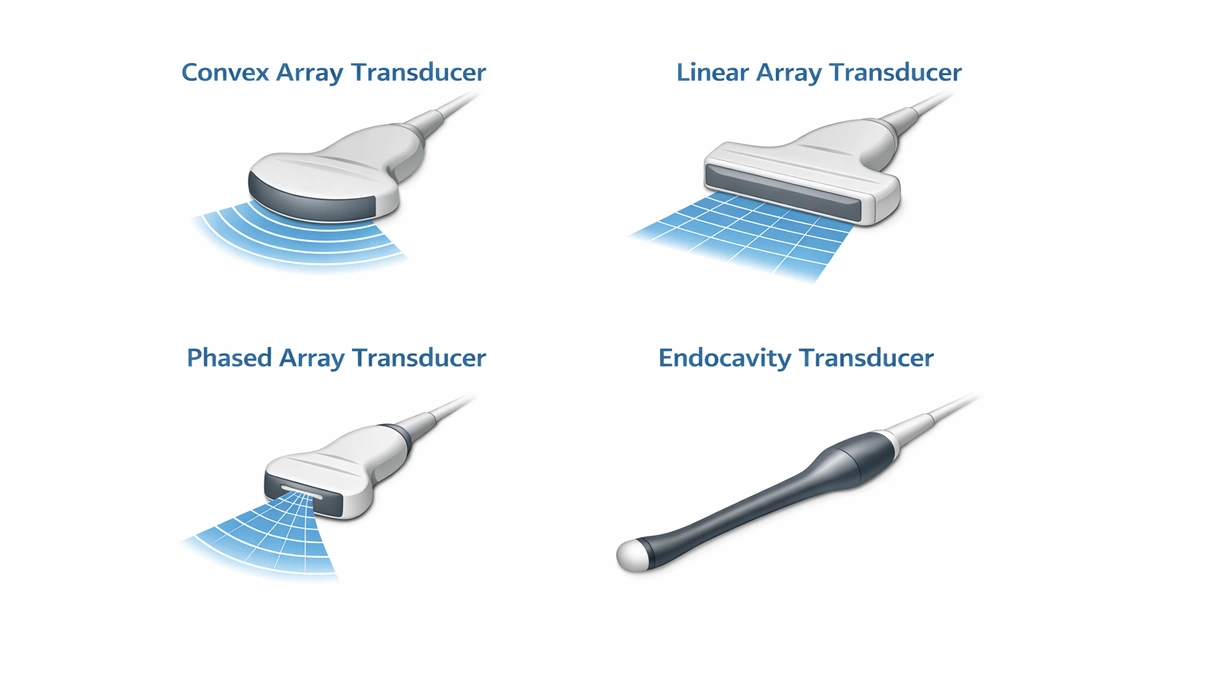 Technical close up showing the piezoelectric element array and acoustic lens of a high frequency linear ultrasound probe.
