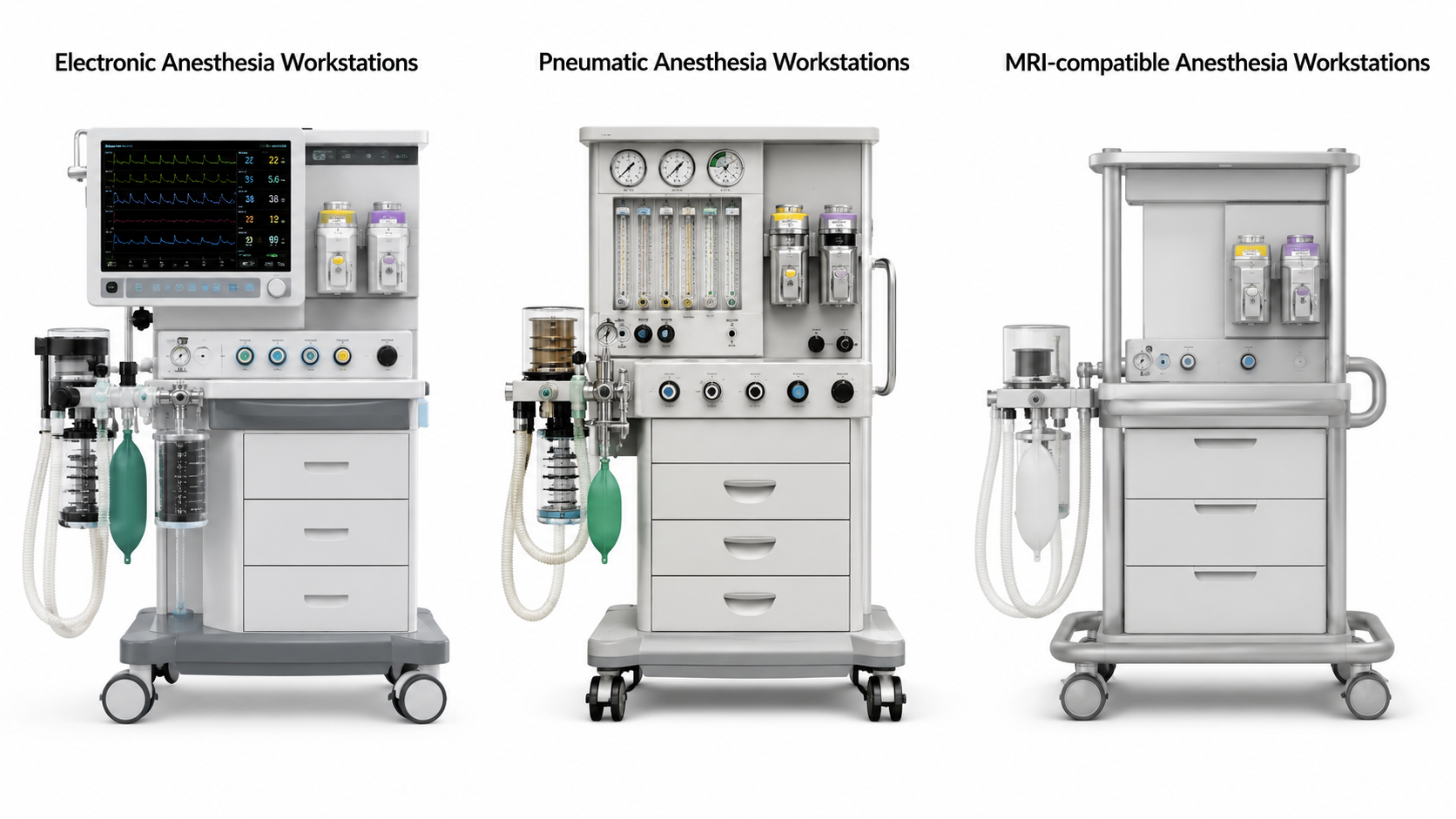 Technical close-up of an anesthesia workstation showing electronic flowmeters, vaporizer ports, and integrated ventilation bellows.