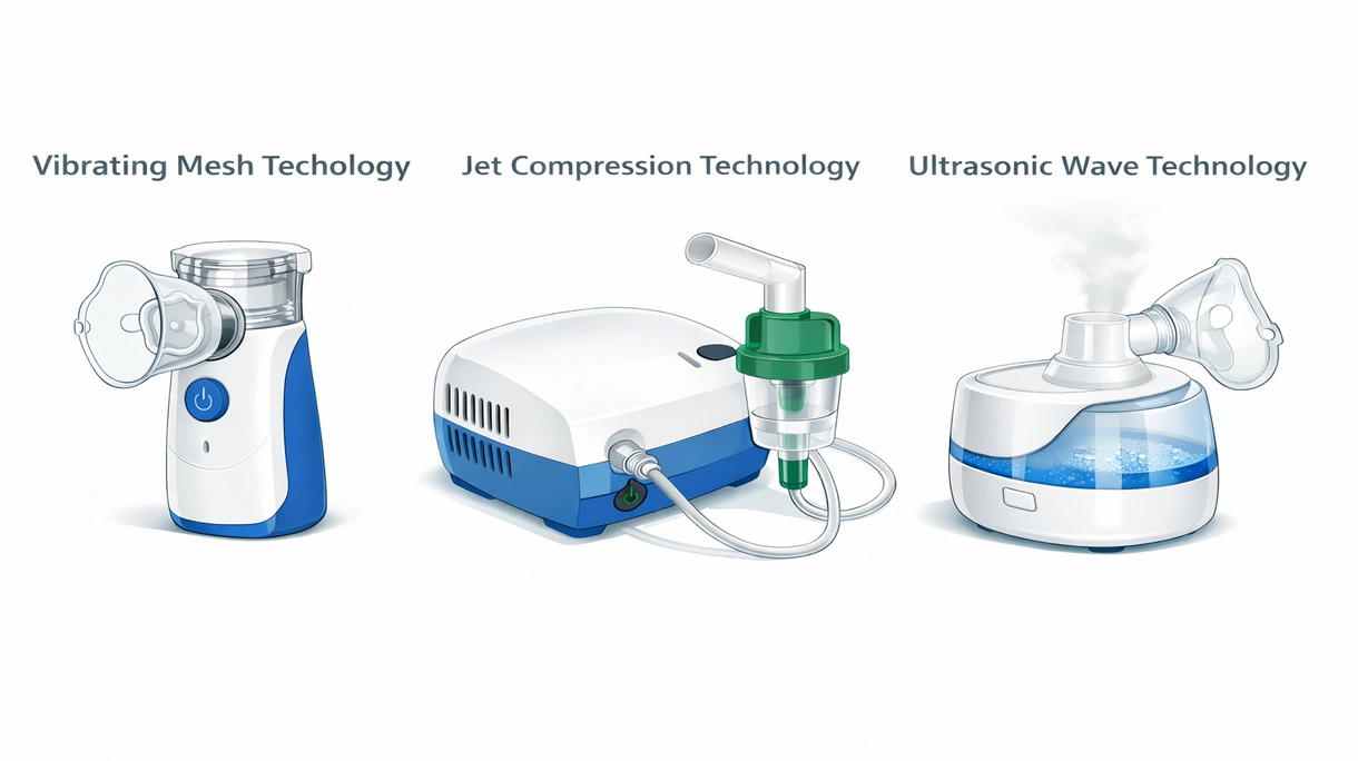 Close-up showing the vibrating mesh membrane and aerosol chamber of a medical grade pediatric nebulization system.