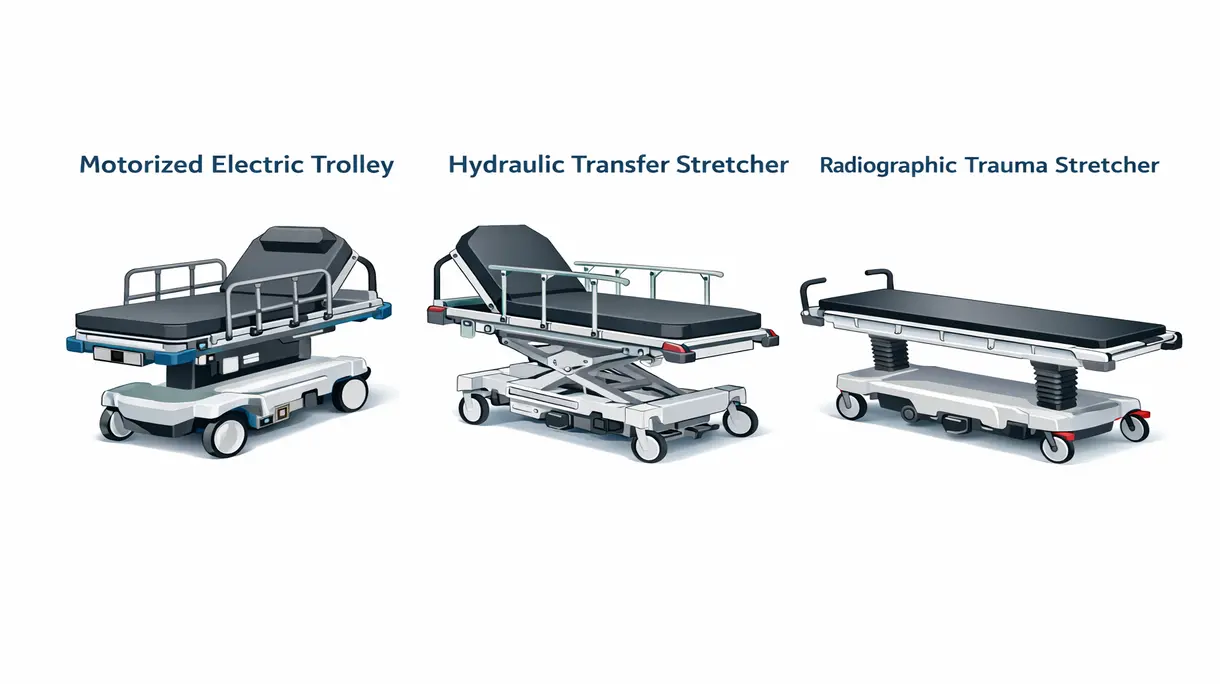 Detailed view of a medical stretcher trolley's bilateral braking system and radiolucent patient platform for clinical imaging.