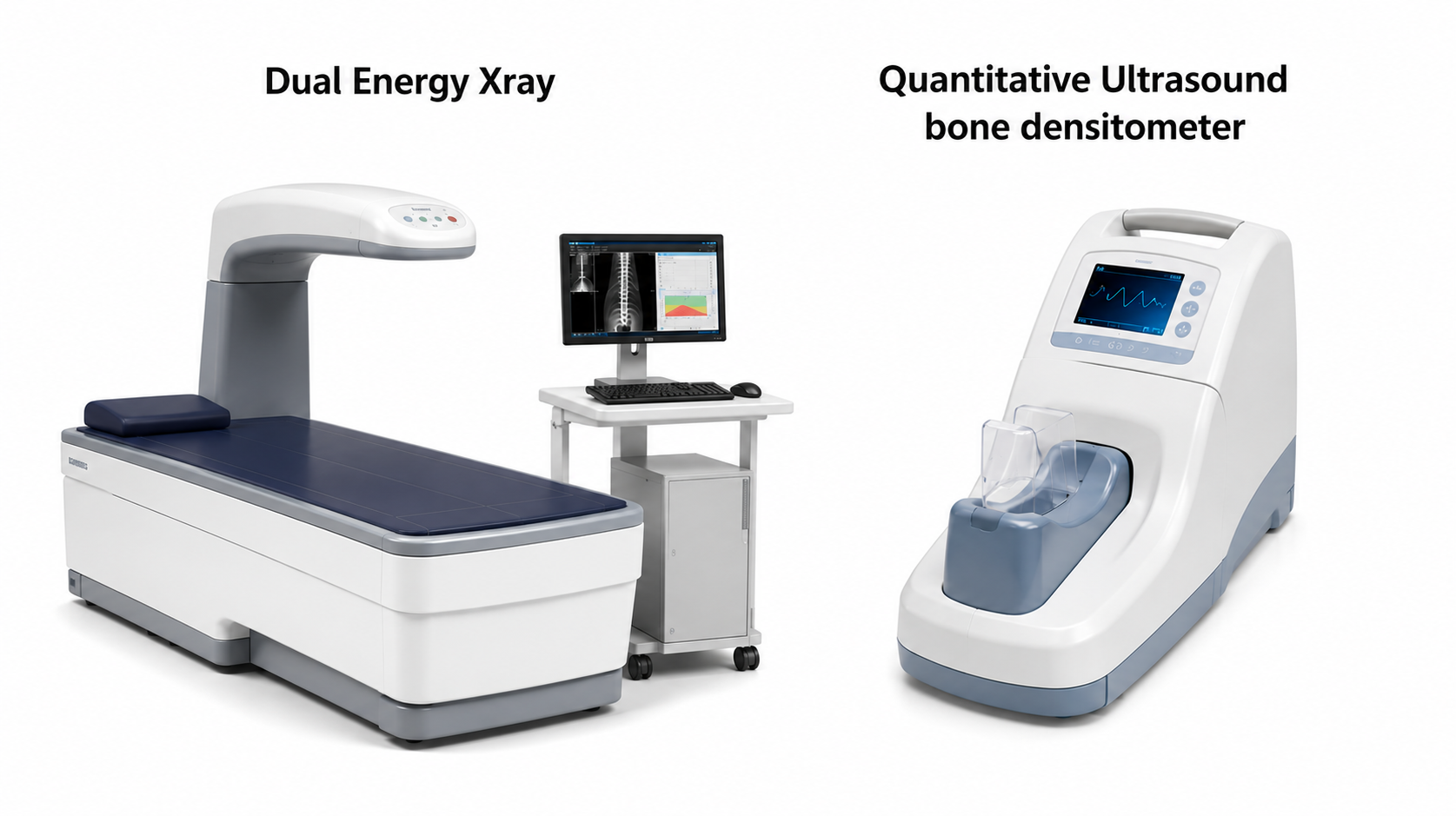 Technical macro view of a bone densitometer fan beam X-ray source and high resolution detector array assembly for precise imaging.