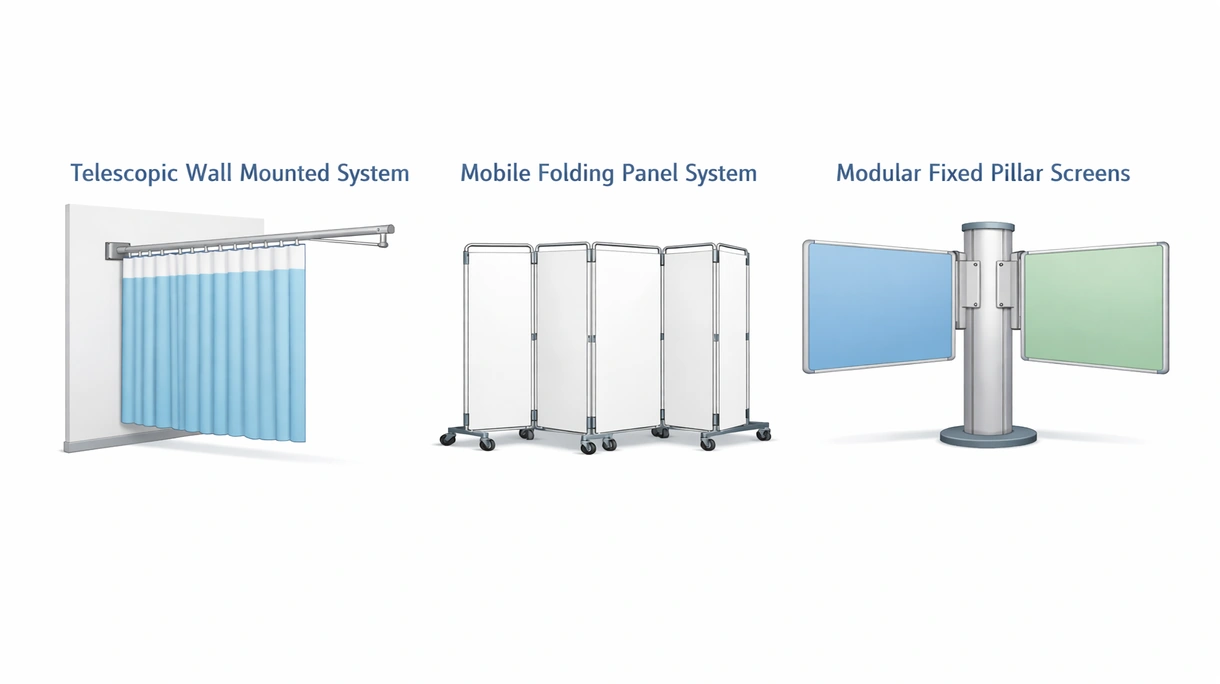 Technical close-up of a medical-grade lockable castor and antimicrobial hinge system on a high-performance hospital screen.