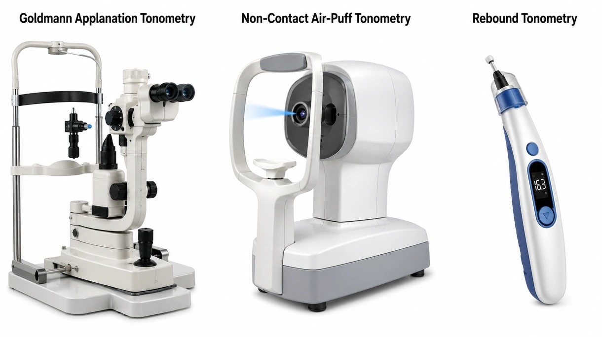 Close-up view of a Goldmann applanation tonometer biprism probe aligned with a human eye for precise diagnostic measurement.