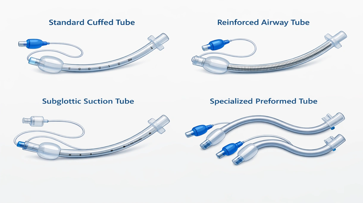 Close-up view of an endotracheal tube showing the beveled tip, Murphy eye, and radiopaque marker for medical identification.