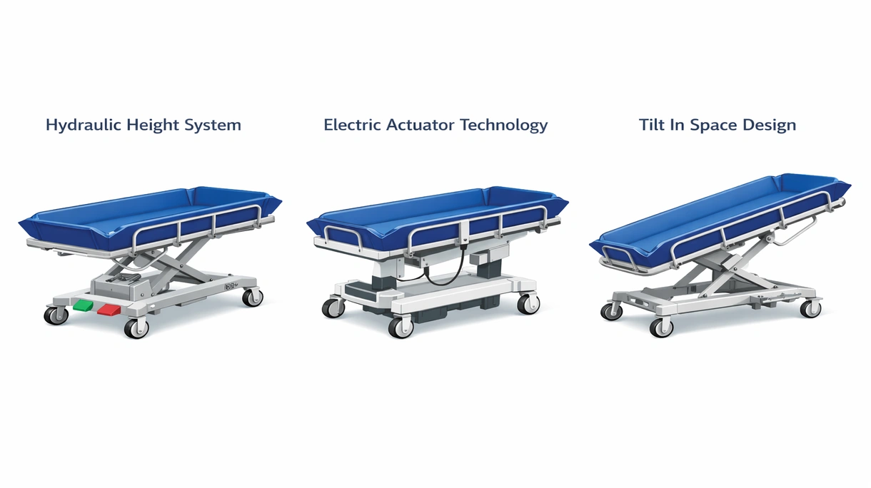 Detailed view of the hydraulic foot pedal and locking caster system on a professional grade medical shower trolley frame.