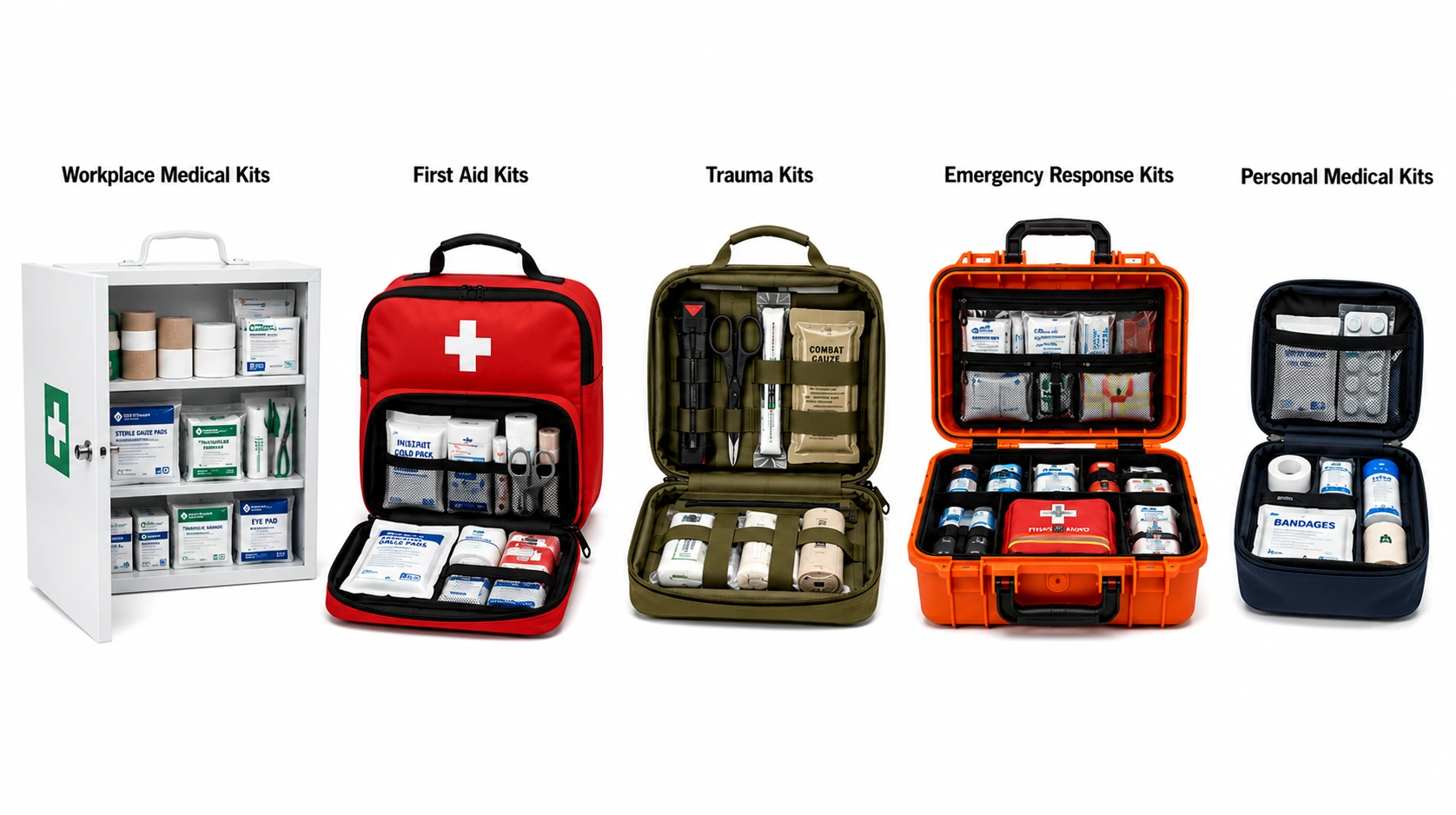 Close-up of specialized surgical instruments and sterile dressings neatly organized within a high grade polymer medical kit tray.