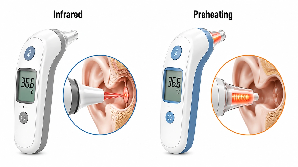 Close-up view of a medical-grade ear thermometer probe tip showing the infrared sensor lens and protective sleeve attachment.