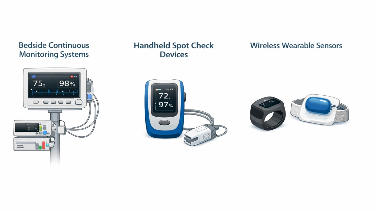 Close-up view of a medical grade pulse oximeter sensor showing the infrared light emitting diode and digital display screen.