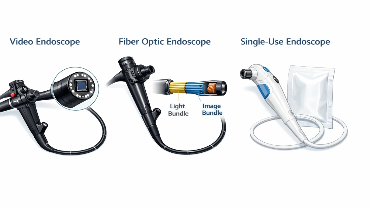 Technical macro view of a distal endoscope tip showing the CMOS sensor, LED illumination, and working channel opening.