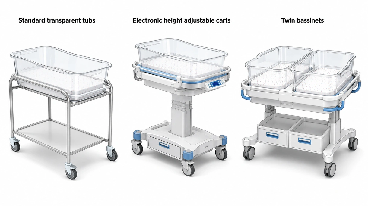 Close-up of a medical bassinet tilt mechanism and locking caster wheels showing durable steel construction and safety.