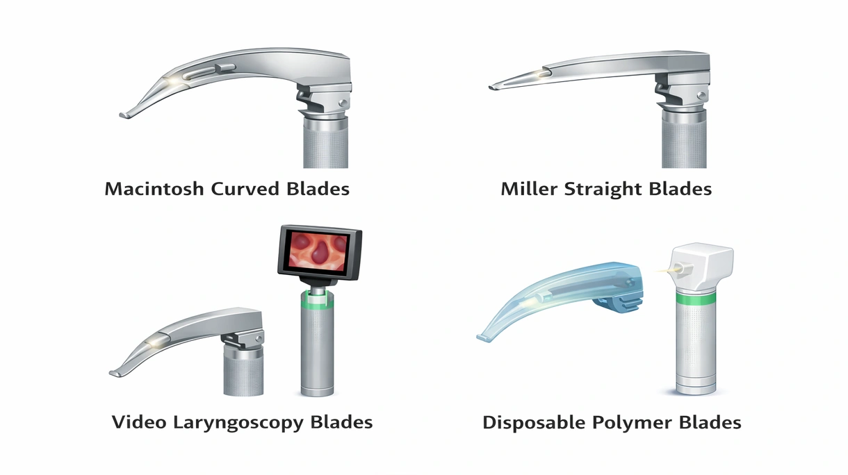 Technical macro shot of a fiber optic laryngoscope blade tip showing the integrated light guide and smooth surgical finish.