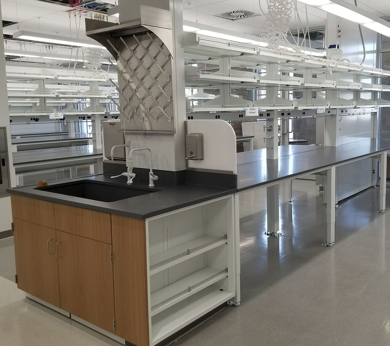Laboratory bench with sink OPTIMA™ 2100 series Mott Manufacturing with shelves