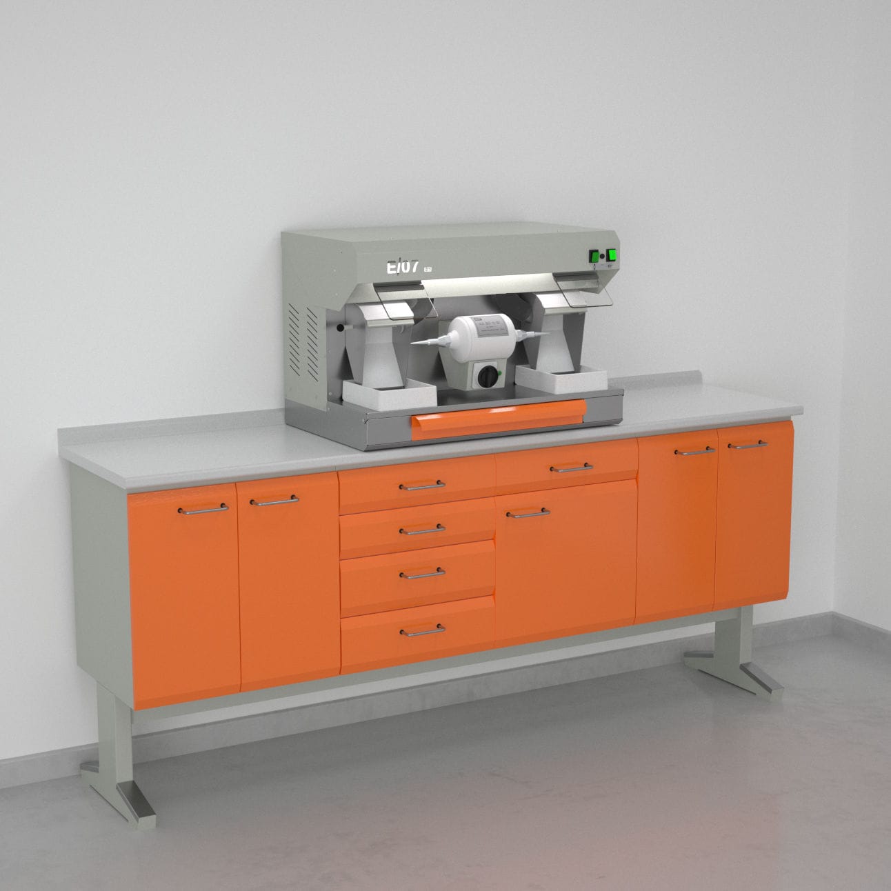 Dental laboratory workstation with hood 8+2+19+8, E07/S ERIO with shelves / stainless steel