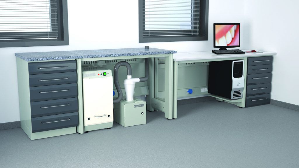 Dental laboratory worktop W22+T/125, AS/CAM1+CICLONE, T125+W22 ERIO with drawer / modular