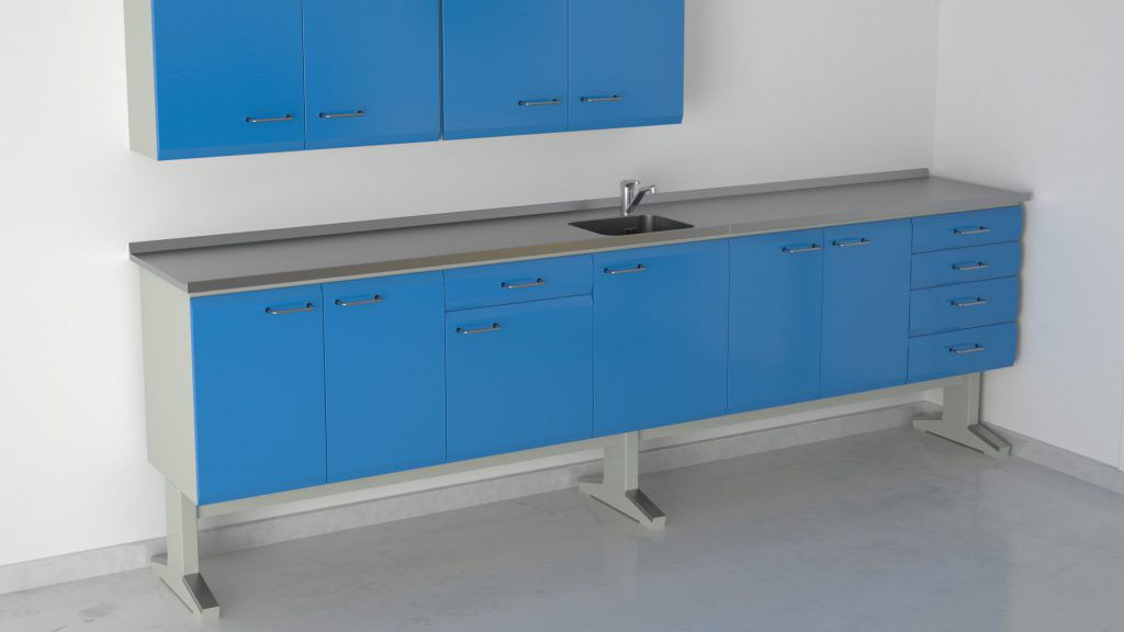 Dental laboratory workstation with shelves 9+19+4(29X34)+9+2, E57/P ERIO with sink