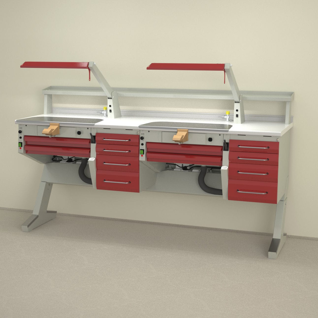 Dental laboratory workstation with light PL/AR+C4+PL/AR+C4 ERIO with shelves / double