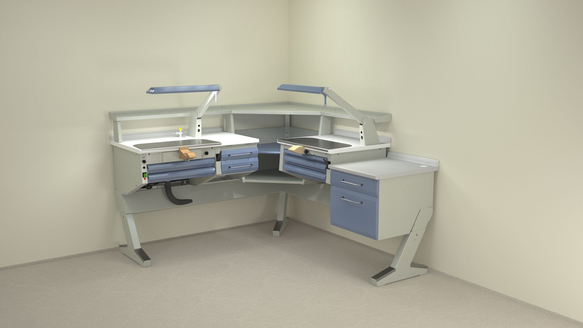 Dental laboratory workstation with light PL/AR+C2+ANG+PL+BF/C ERIO with shelves / double