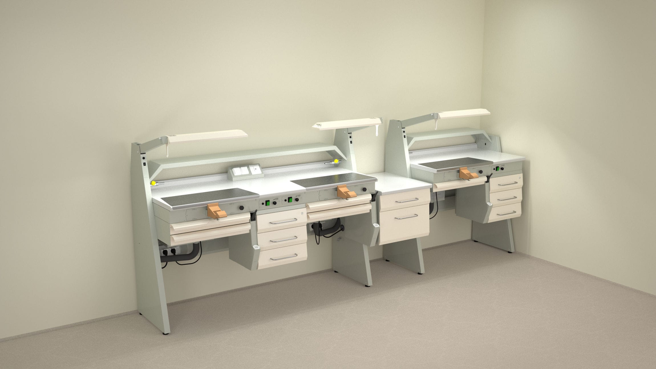 Dental laboratory workstation with light SOLE2+SOBF+SOLE1 ERIO with shelves / double