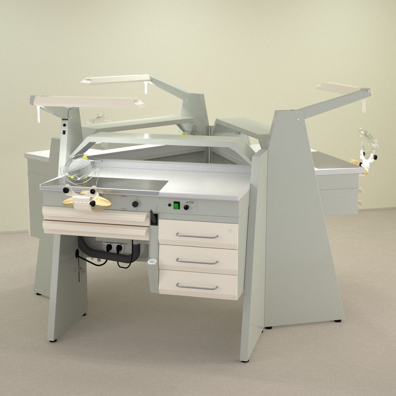 Dental laboratory workstation with light ISOLA 3 SOLE 1 ERIO with shelves / double