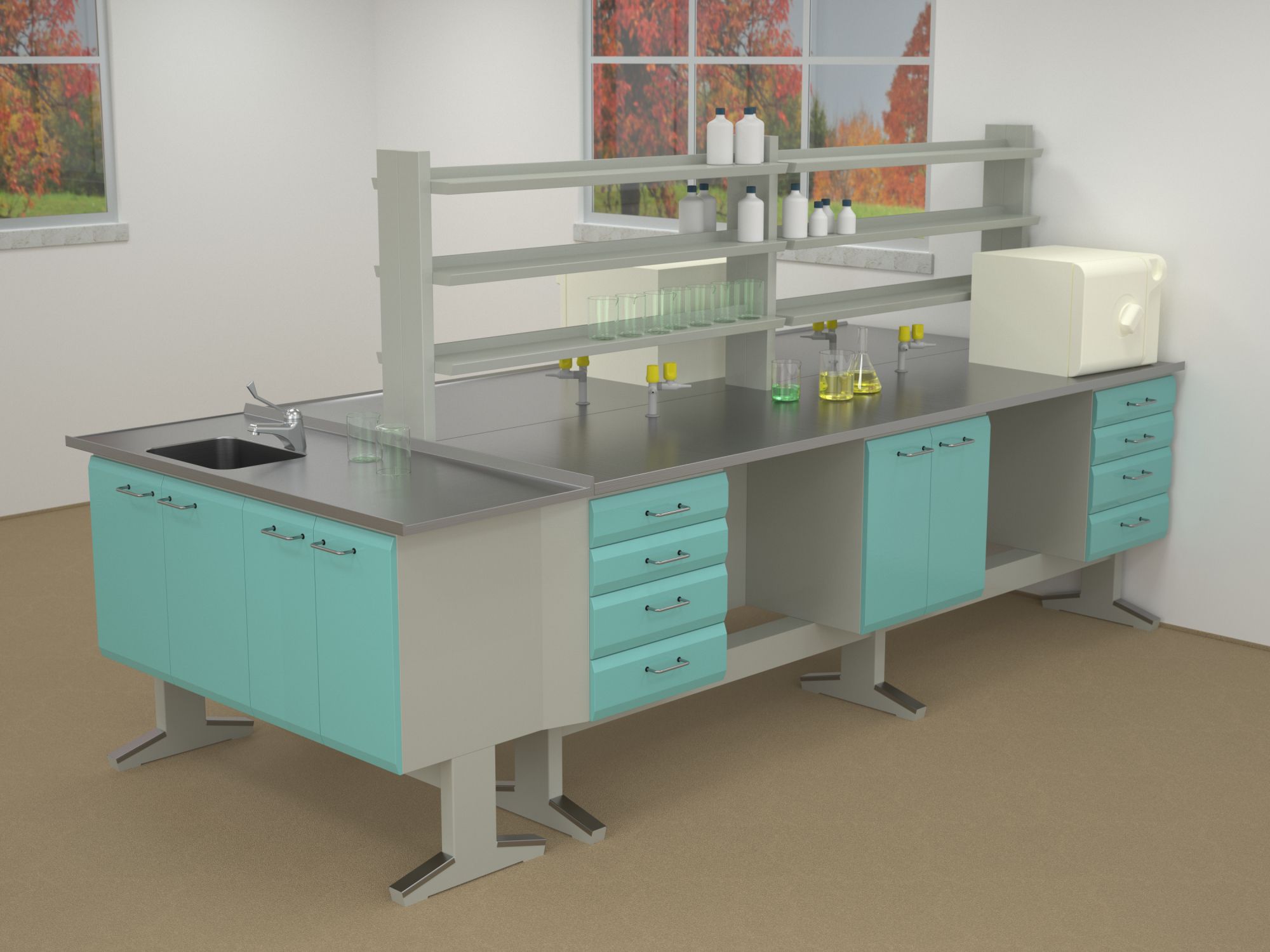 Laboratory bench with sink ERIO freestanding / with shelves