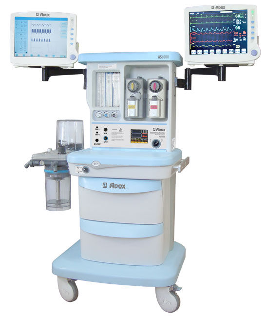 Trolleymounted anesthesia workstation AS 3000 ADOX with respiratory monitoring