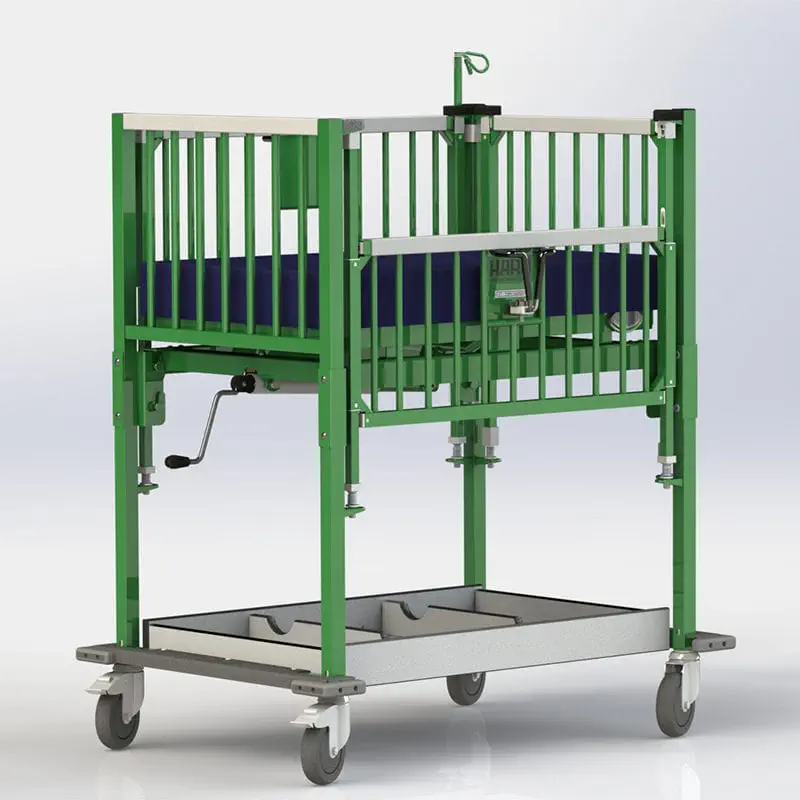 Infant hospital crib CRIBETTE HARD Manufacturing CO. INC height adjustable on casters stainless steel