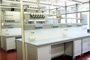 laboratory bench with shelves