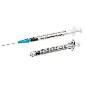 Set of medical empty needles, big and insulin needles on the white