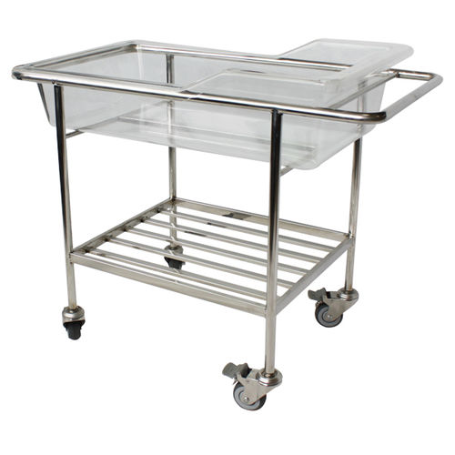 Fixed-height hospital bassinet - BES-HB065 - Besco Medical - on casters / with storage unit / stainless steel