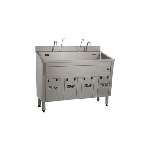 2-bay surgical sink - Meyosis - stainless steel / knee-operated / with soap dispenser